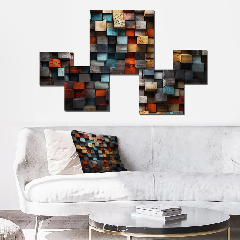 Cubes abstraits bleus et rouges IV - Cubisme abstrait, ensemble d'art mural carré de 5