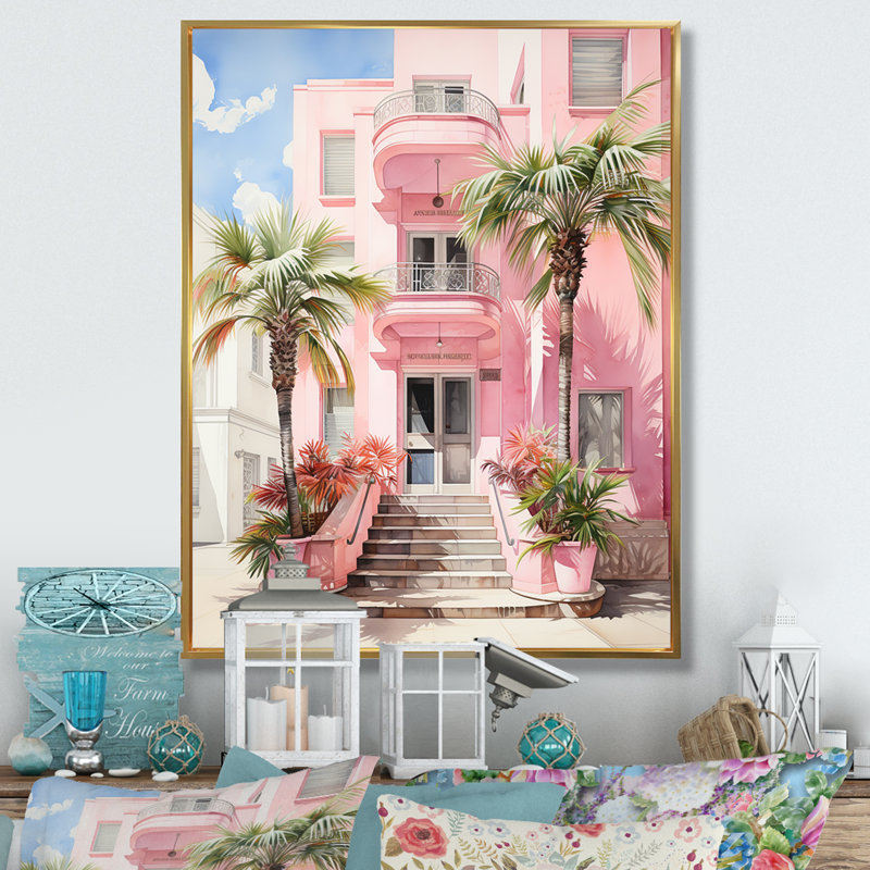 Zappha Pink Miami Artful Facades II - Miami, art mural, H 44 po x l 34 po x P 1,5 po, Cadre flottant doré