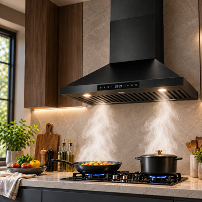 Hotte murale convertible 30 po 900 pi³ / min VENFAN, hotte de cuisine en acier inoxydable noir à 4 vitesses, lumières DEL et commandes tactiles