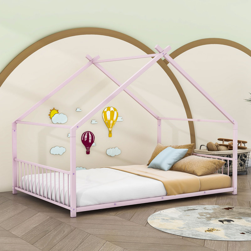 Metal House Bed, Full, Pink