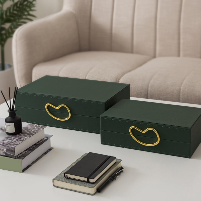 Boîtes décoratives en similicuir avec couvercles pour la décoration intérieure, ensemble de 2 boîtes à charnières empilables pour table basse et tablettes de salon, support de télécommande emboîtable, vert forêt