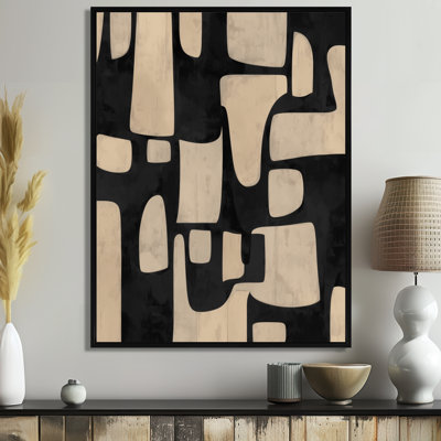 Beige et noir Boho mosaïque tons de terre - grand art mural géométrique, reproduction d'art moderne sur toile encadrée beige