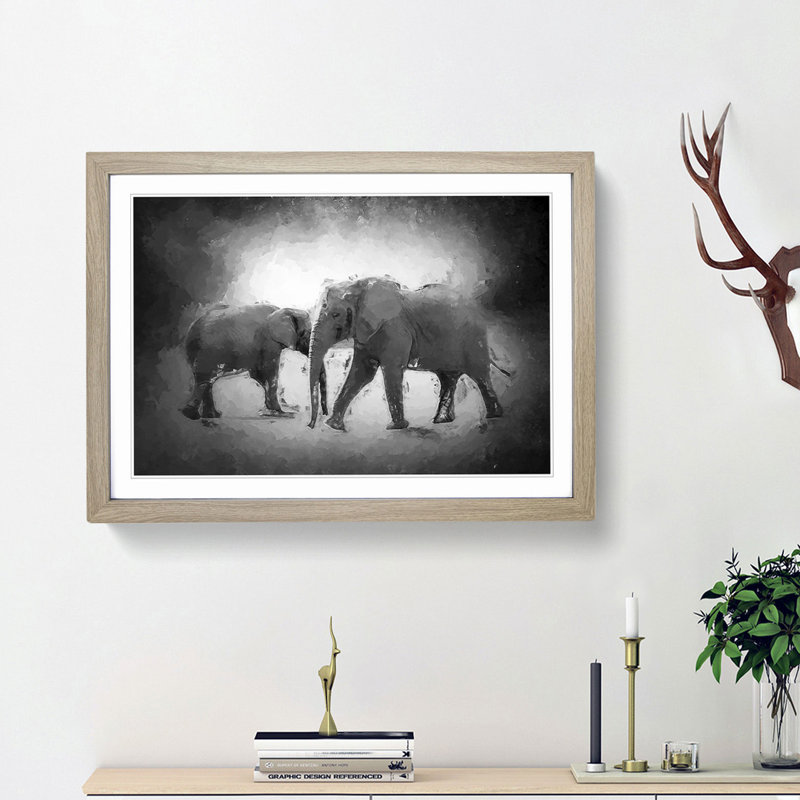 Elephants Crossing Paths in Abstract - Picture Frame Painting Print, 27cm H x 36cm W , Oak Framed