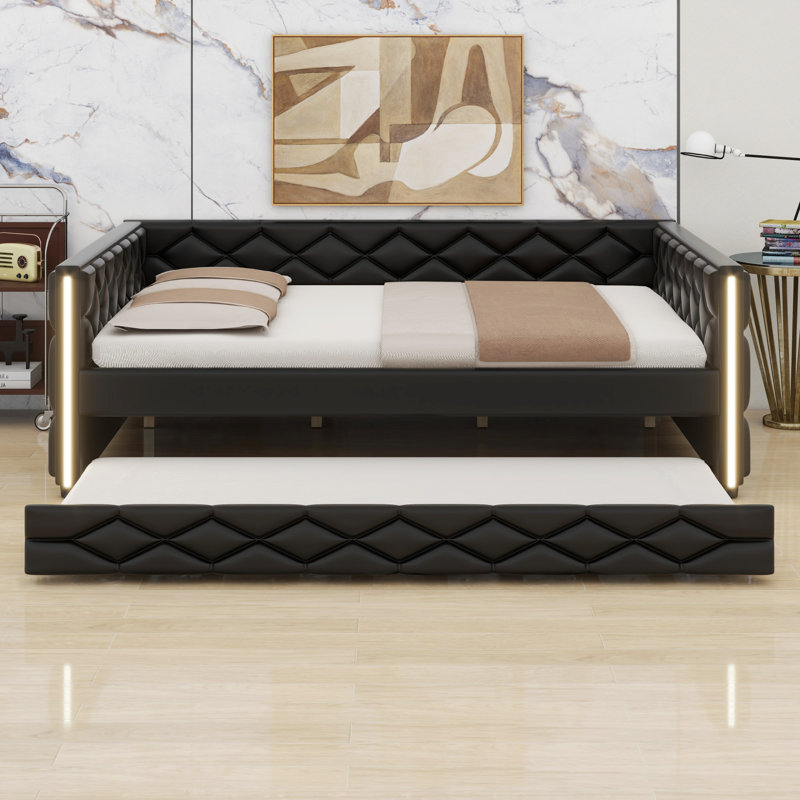 LED Lighted Upholstered Daybed with Pull-Out Trundle