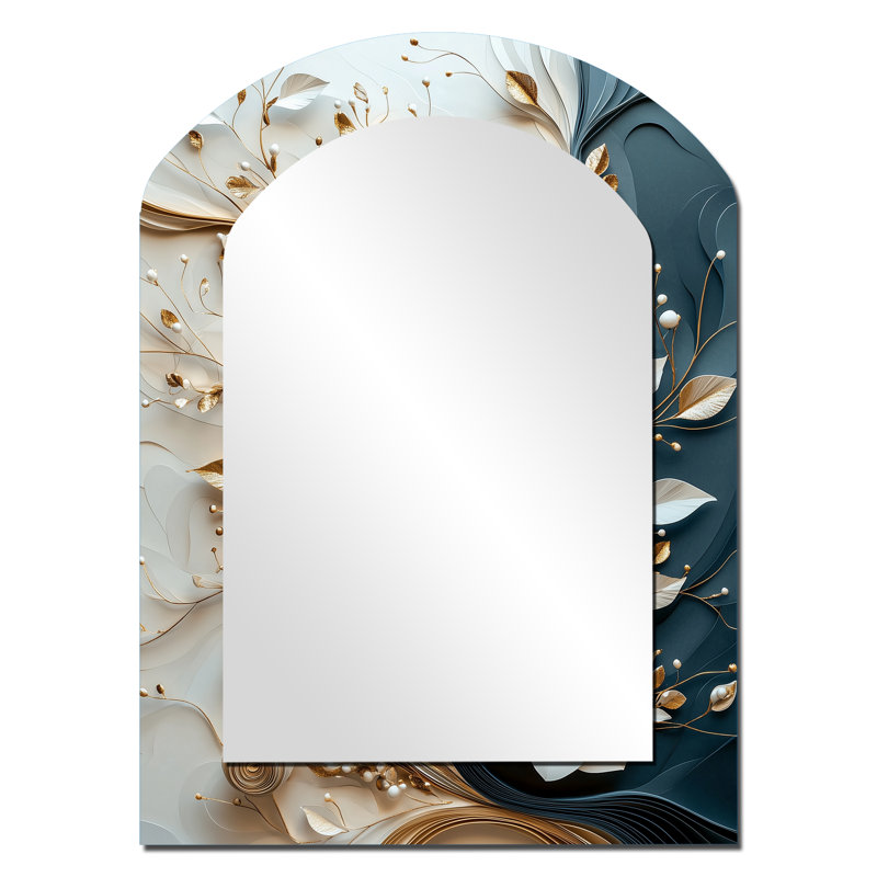 White Black Liquid Ink Peonies II - Traditional Arch Wall Mirror, 34" x 25"