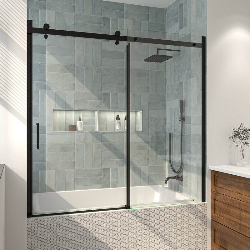 Porte de baignoire coulissante simple demi-cadre avec verre transparent l 56 "x H 58" x H 56 ", Noir mat