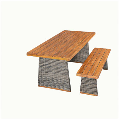 Outdoor Acacia Wood Dining Table Set with 1 Table and 1 Bench,Grey