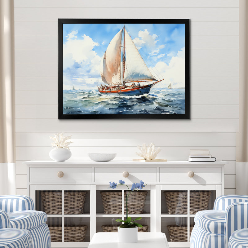Voilier dans le vent II sur toile, H 16 po x l 32 po x P 1 po, Cadre simple noir