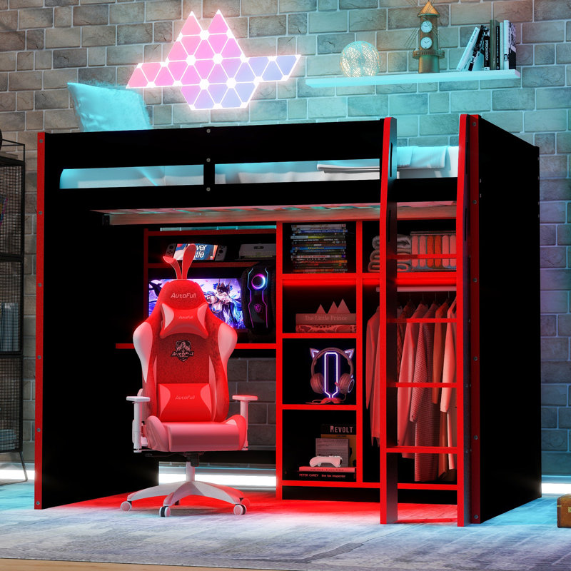Dakota Gamer Loft Bed with Desk, Open Wardrobe & RGB Lights, Red//Black