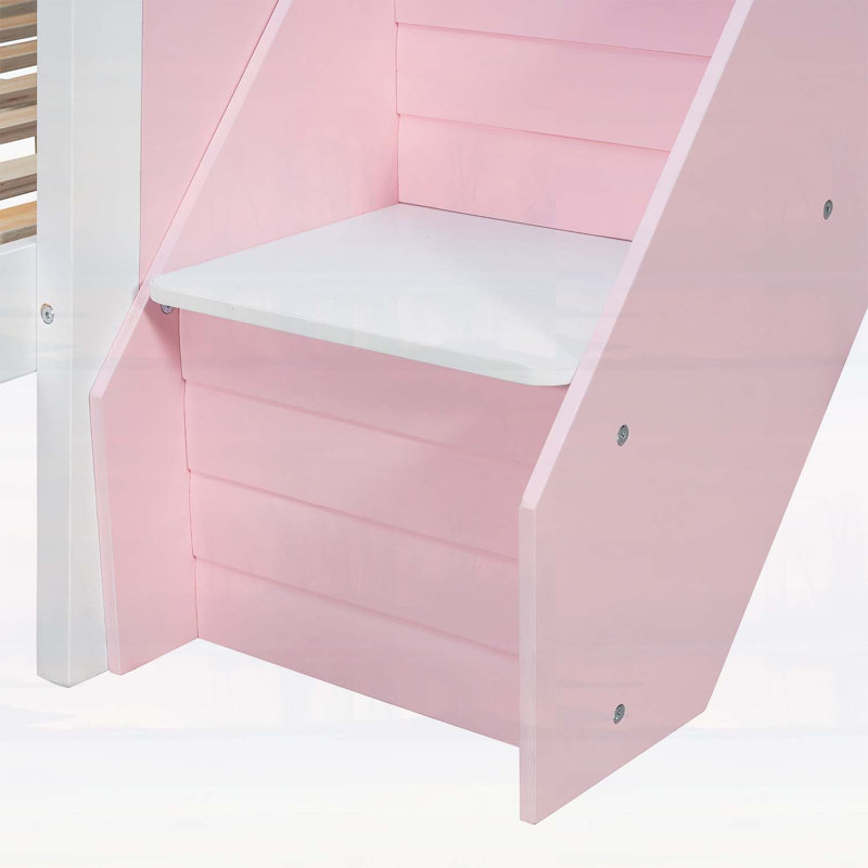 Lit superposé simple au-dessus de double avec escalier à rayures et tablettes latérales, rose, peu encombrant et élégant