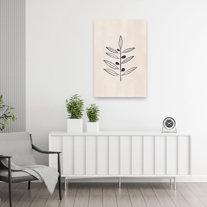 Illustration murale minimaliste représentant un paysage végétal abstrait avec une branche d'olivier