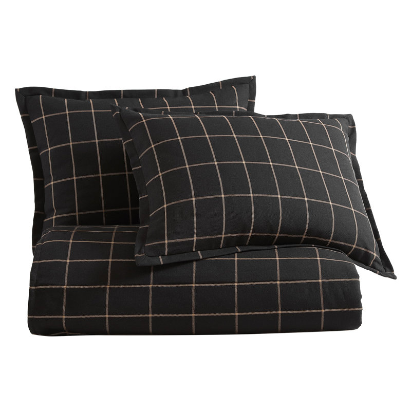 Windowpane Plaid Classic Modern Rustic Cotton Duvet Cover Set, Queen Duvet Cover + 2 Standard Shams, Black/Beige Plaid