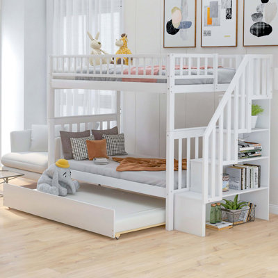 Lit simple superposé simple avec lit gigogne escamotable et solutions de rangement intégrées pratiques, blanc