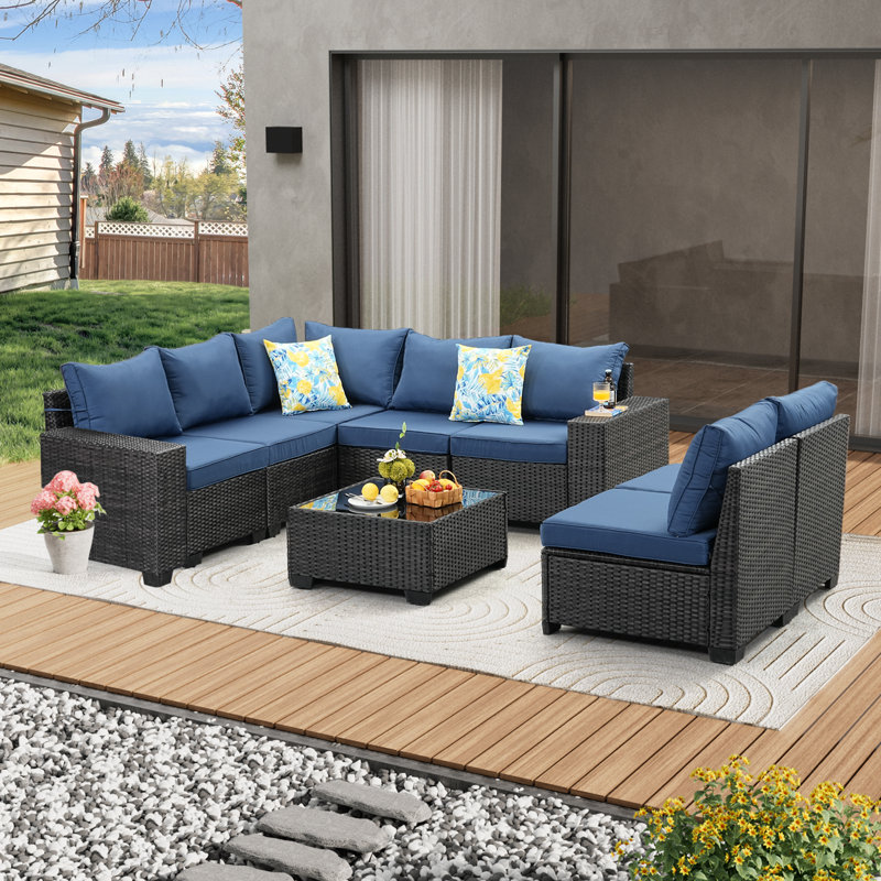 Ensemble de meubles de patio 8 pièces Canapé modulaire d'extérieur en osier pour conversation avec rotin, Marine
