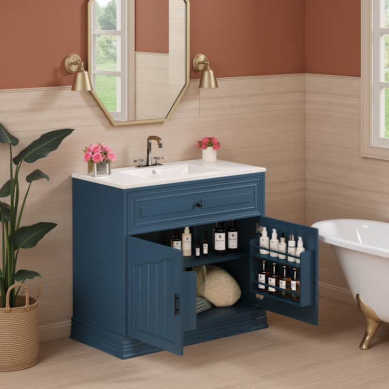 Meuble-lavabo 36 po avec lavabo en céramique, tablette réglable et portes à fermeture en douceur, Bleu