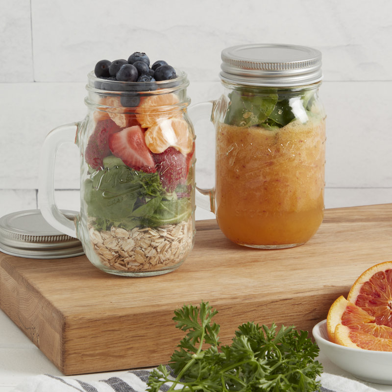 Clear Glass Drinking Jars with Handles and Stainless Steel Lids, Set of 4