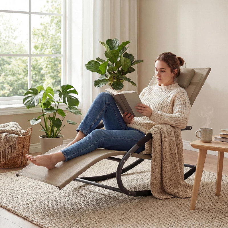 Méridienne d'extérieur à bascule 2 pièces en tissu respirant Textilene, chaise longue avec coussin, capacité de 300 lb, facile à assembler