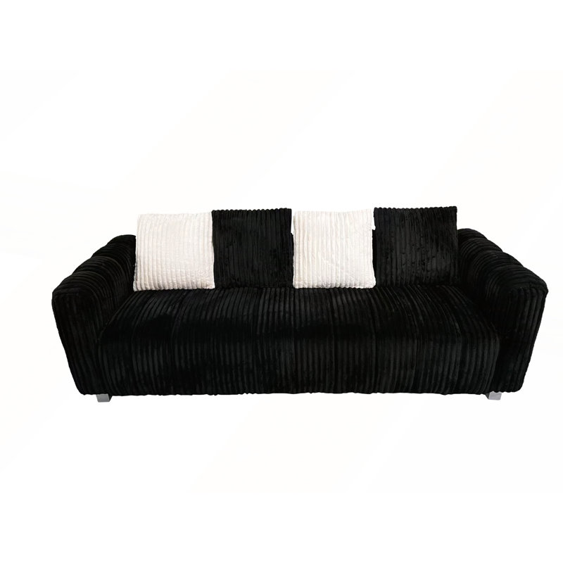 Cillin 82.6" Corduroy Upholstered Sofa with Back Cushions & Wooden Frame, Black