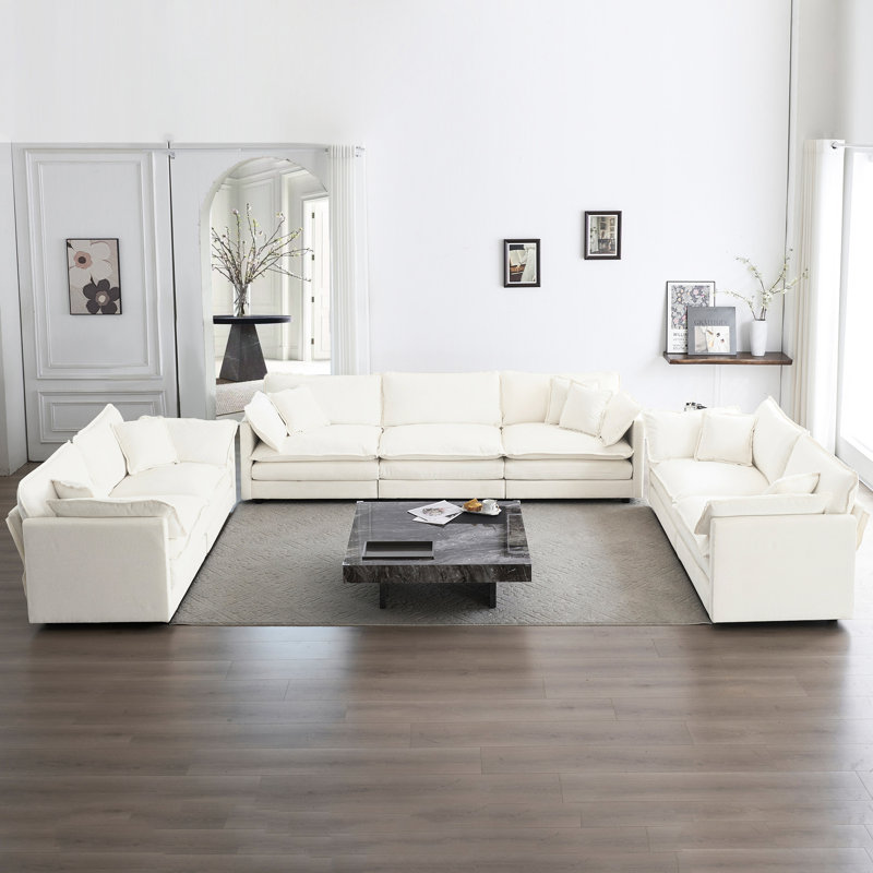 3 pièces en chenille blanche: confortable et surdimensionné pour le salon. 2 x 2 places et 1 x. Cadre en bois massif. Tissu respirant. Éponge. Option de sièges confortables - et maison élégante. En chenille. Structure solide.
