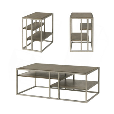 Padena 3-Piece Metal Frame Wood Living Room Coffee Table And 2 Chairside Tables Set