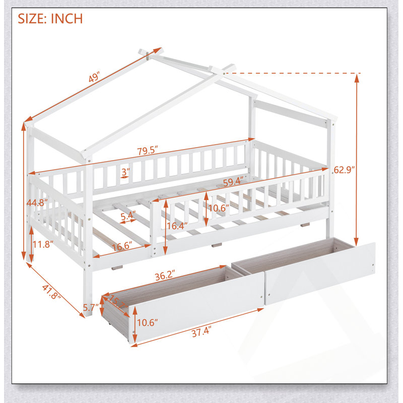 Lit de maison en bois avec deux tiroirs, toit en ciel fantaisiste pour enfants, fabrication en bois de pin robuste et rangement spacieux