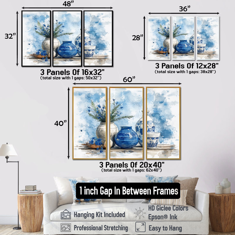 Ensemble de décorations murales bleues et blanches Boho, H 28 po x l 36 po x P 1 po, Toile avec cadre flottant noir
