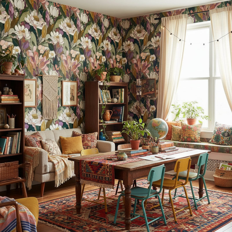 Papier peint floral, art mural moderne