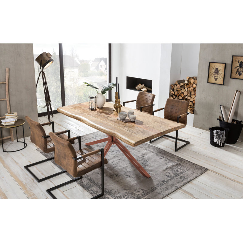 Isaac Solid Wood Top Metal Base Dining Table, Antique brown, 77cm H x 160cm L x 90cm W