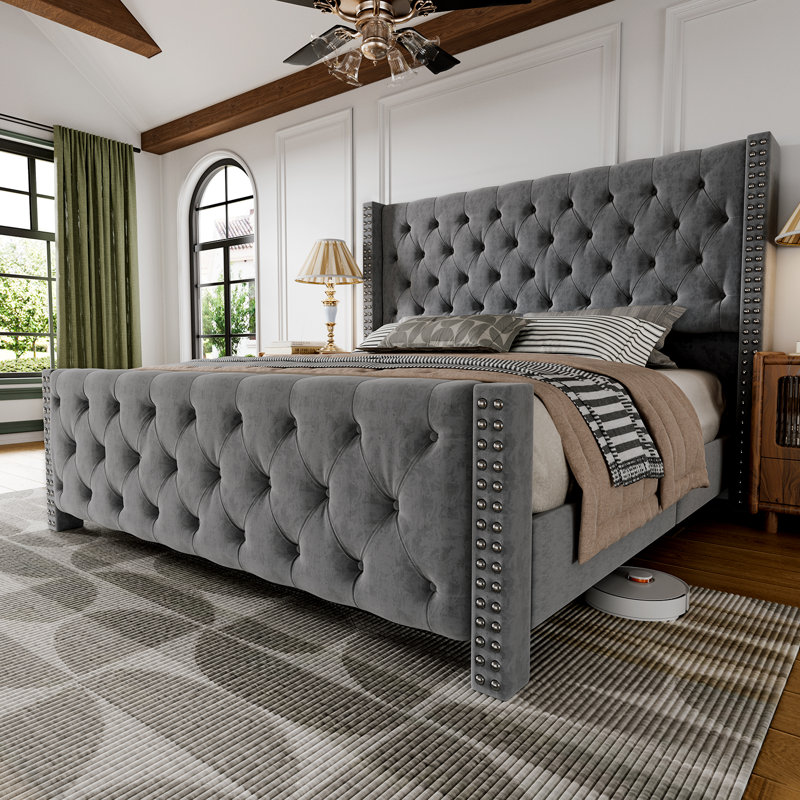 Velvet Upholstered Wingback Bed With Deepen Button Tufting Quiet Platform Bed Frame, Gray, King
