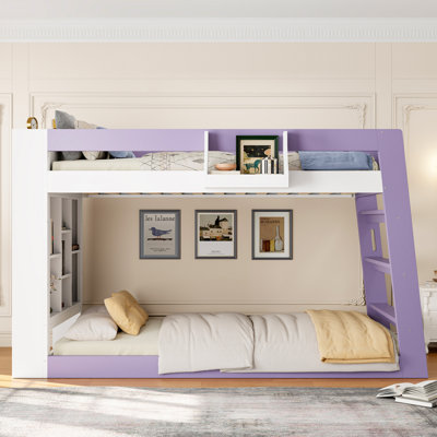 Twin over Twin XL Wood Bunk Bed with Shelves, Ladder and Guardrails