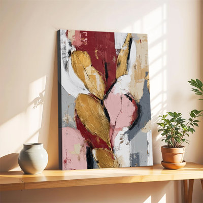 Tableau abstrait texturé à motifs floraux avec feuilles dorées, grande toile tendue sur châssis, idéal pour le salon ou la chambre.