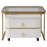 Coffee Table With High-Gloss Marble Exterior And Glass Tabletop, Gold Decoration, Side Table With Drawer (Set Of 2)