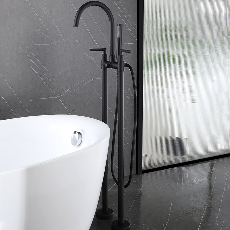 46" H Floor Mounted Bathroom Clawfoot Tub Faucet With Handshower And Rotatable Spout, Matte Black