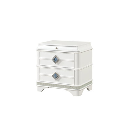 Armoire de chevet blanche contemporaine Sherine 2 avec compartiment de rangement caché, décor en cristal et tiroirs lisses pour la chambre 2, contemporain, blanc, table de chevet, espace, tiroirs silencieux, décor