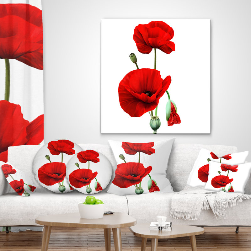 Coquelicots rouges sur fond blanc - coussin à imprimé floral, 16 po x 1 po, Coussin décoratif