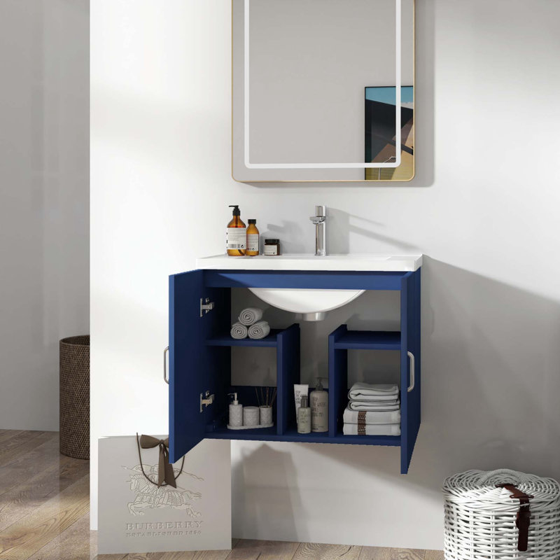 Meuble-lavabo simple avec plateau en céramique 23,62 po Kaedin, Bleu