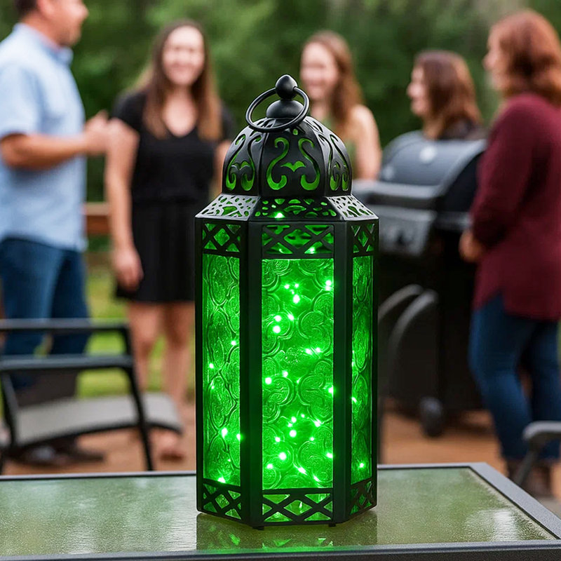 Decorative Moroccan Candle Lantern with LED Fairy Lights, Black/Green, 10" H x 4.4" W x 3.8" D