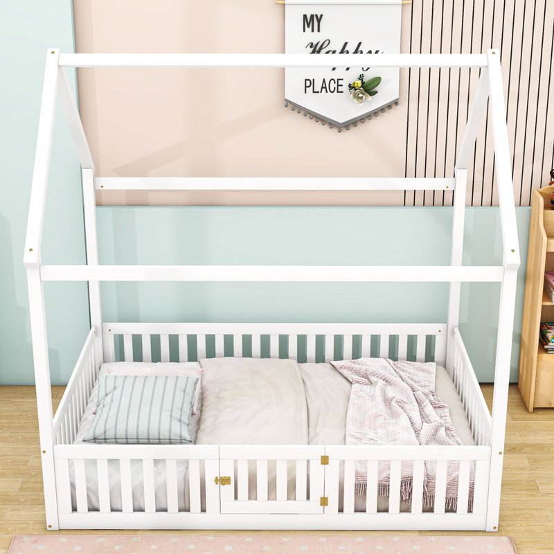 Billee Full Size Wooden House Bed with Fence and Door, White