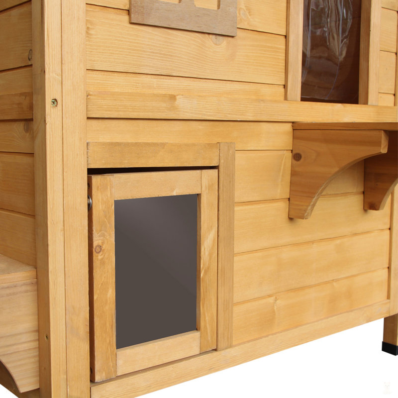 Enceinte d'extérieur en bois pour chat 2 étages pour chat avec 2 portes, Bois naturel