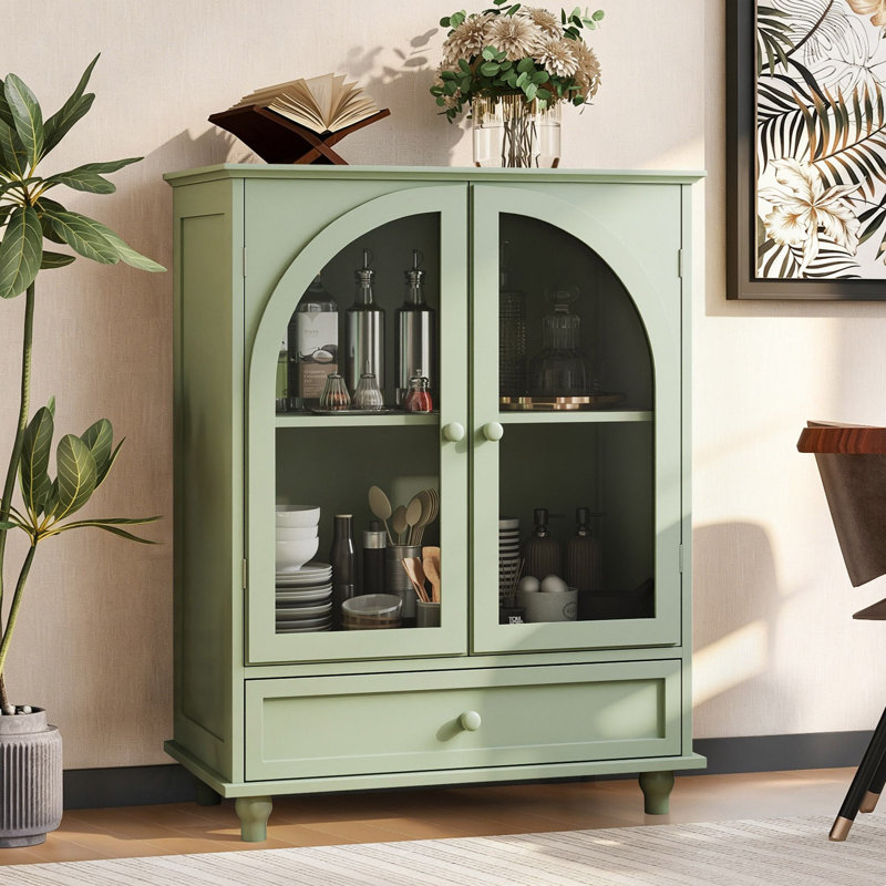 Buffet en verre arqué 36,8 po avec 1 tiroir pour la cuisine et le salon, Vert