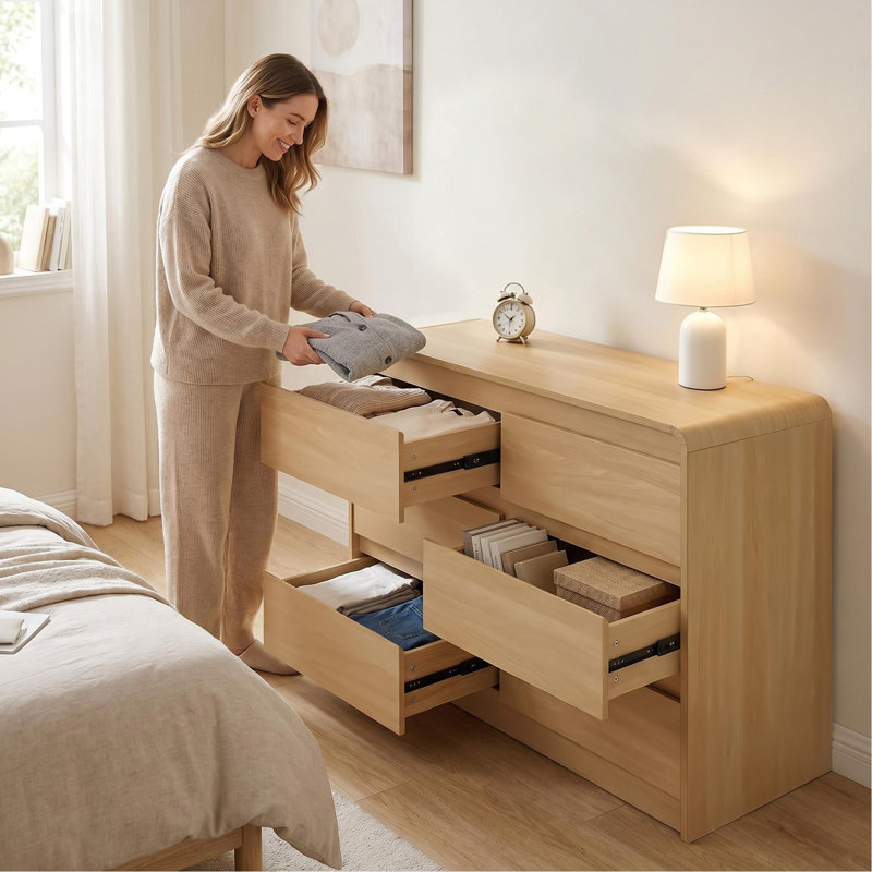 Commode 6 pour la chambre à coucher, commode 6 tiroirs moderne avec comptoir spacieux, armoire de rangement en bois avec poignées dissimulées et coins arrondis, commodes en bois pour la chambre à coucher, le salon, le bois