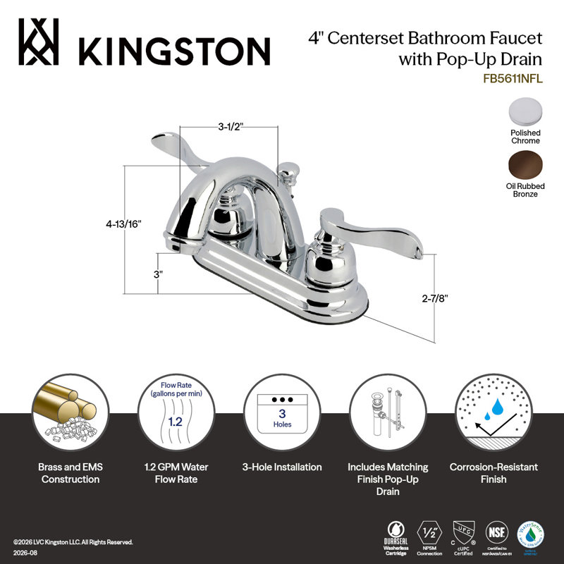 Kingston Brass NuWave French Two-Handle 3-Hole Deck Mount 4" Centerset Bathroom Faucet with Plastic Pop-Up, Polished Chrome