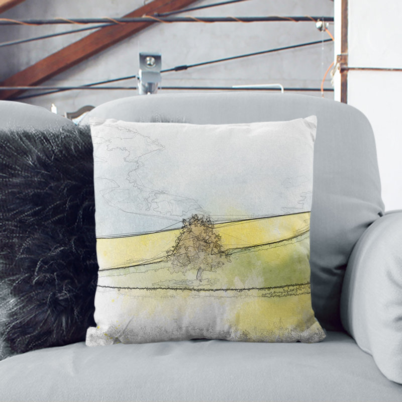 Lone Tree in Meadow Sketch Cushion with Filling, 40cm H x 40cm W x 15cm D