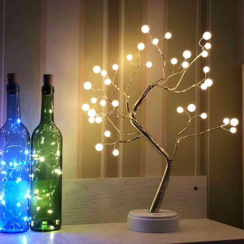 Artificial Pearl Ball Tree Branch Night Light, Gold