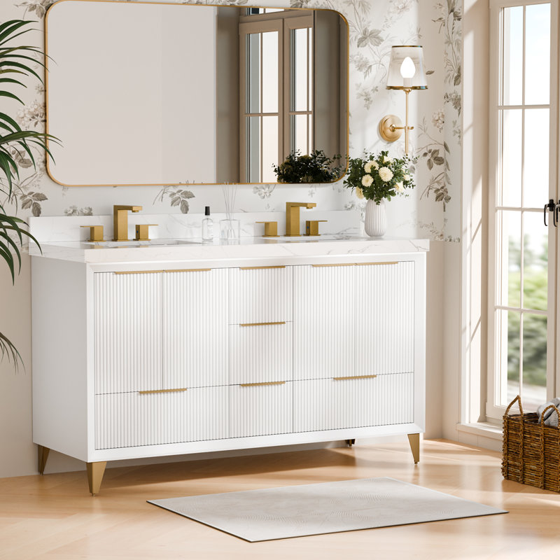 60"Bathroom Vanity Ceramic Sink Top With Backsplash, Pre-Assembled Bathroom Cabinet, White