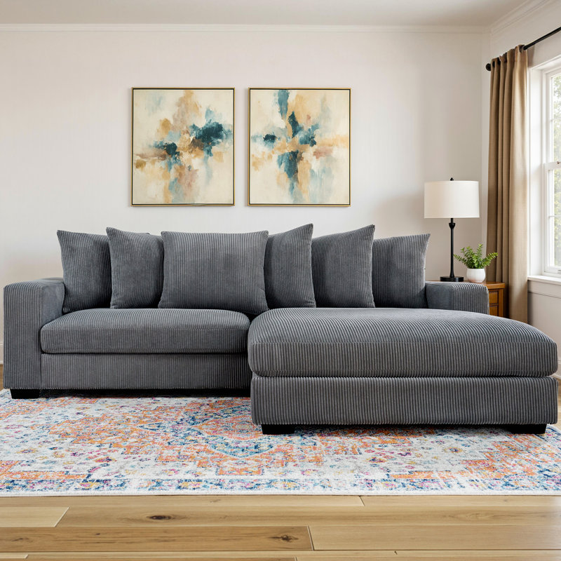103" L-Shaped Sectional Sofa with Chaise, Oversized Deep Seat Cloud Couch with 6 Loose Back Pillows, Gray Corduroy Upholstery