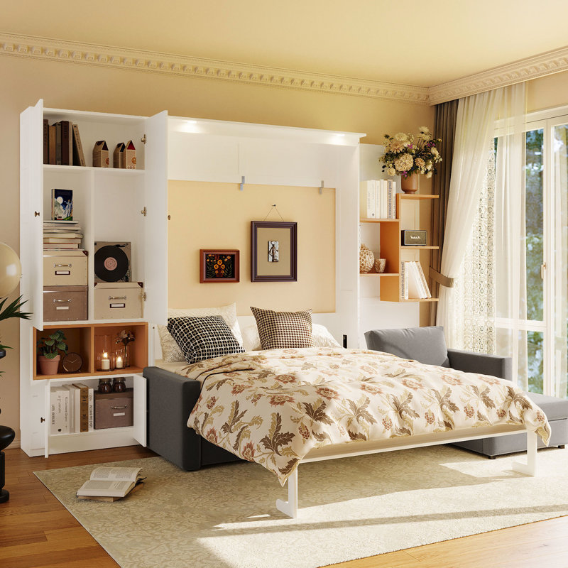 Grand lit avec armoires de rangement et lumières montées sur le dessus, conception intelligente pour les espaces multifonctionnels contemporains dans les petits appartements, solution de rangement double, intérieurs transitionnels