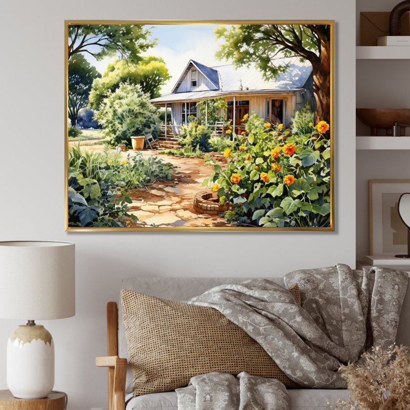 " Farmhouse Frontyard Oasis II ", Gold Floater Framed, 24" H x 32" W x 1" D