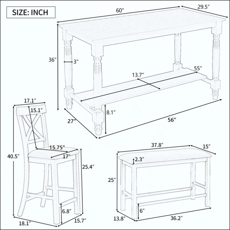 Ensemble de 6 tables de salle à manger à hauteur de comptoir avec 4 chaises et un banc pour la salle à manger, Gris, Grey