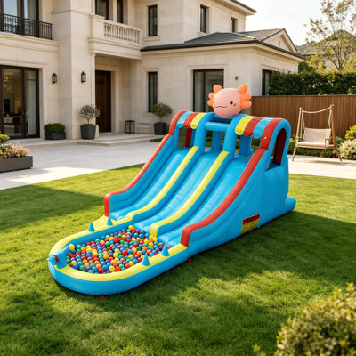 Multicolore, parc aquatique gonflable avec deux toboggans et piscine pour enfants, L 235 po x l 98 po x H 107 po, multicolore
